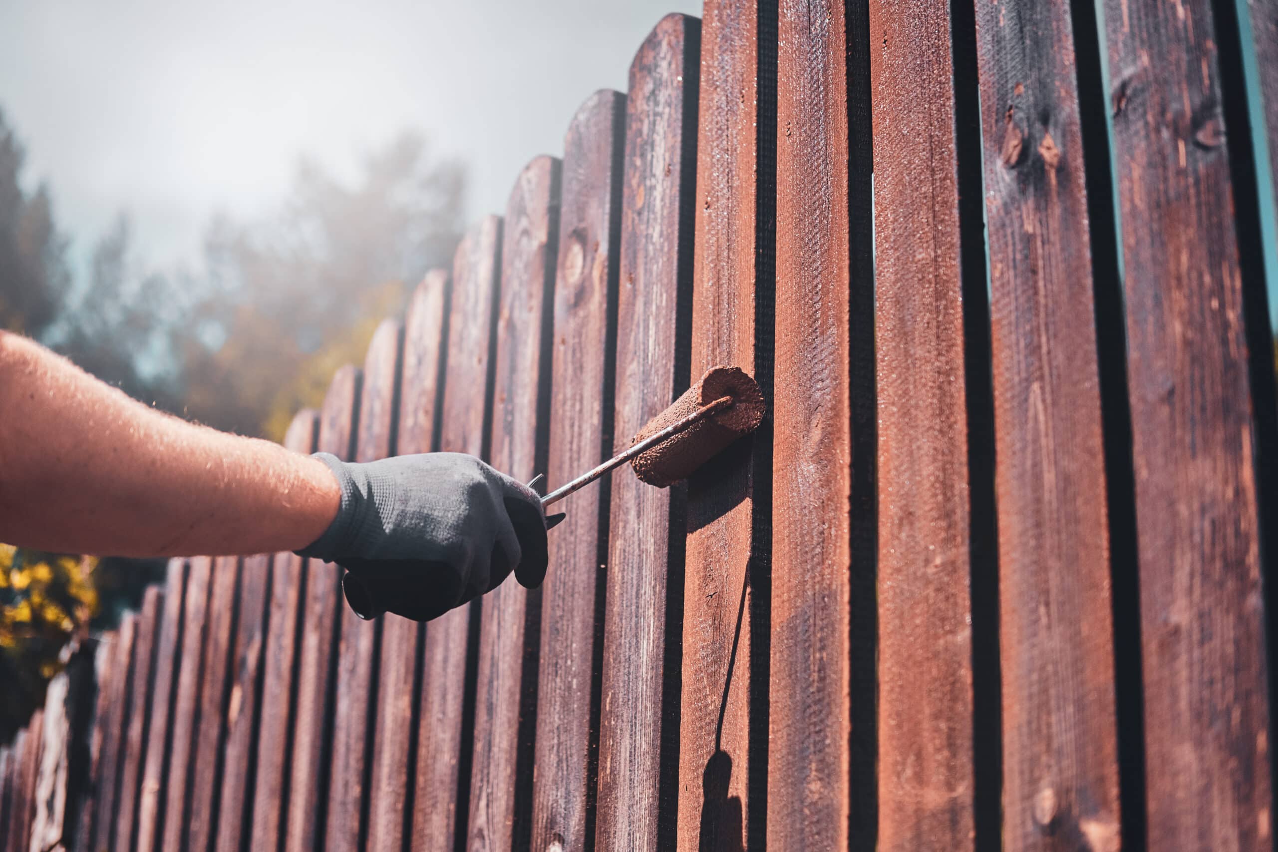Diligent man is painting fence with brush process fence renovation bright sunny day by man protective gloves scaled